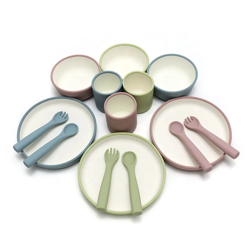 Toddler Snack Food Tableware Dinner Dish Feeding kids dining Suction Silicone Bicolor Cup baby weaning Plate Bowl Spoon Set