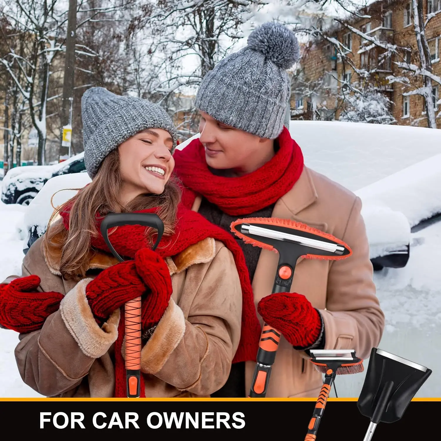 42'Cars Ice Scraper and Extendable Snow Brush Emergency Snow Shovel Snow Broom with Foam Grip 180° Pivoting Brush