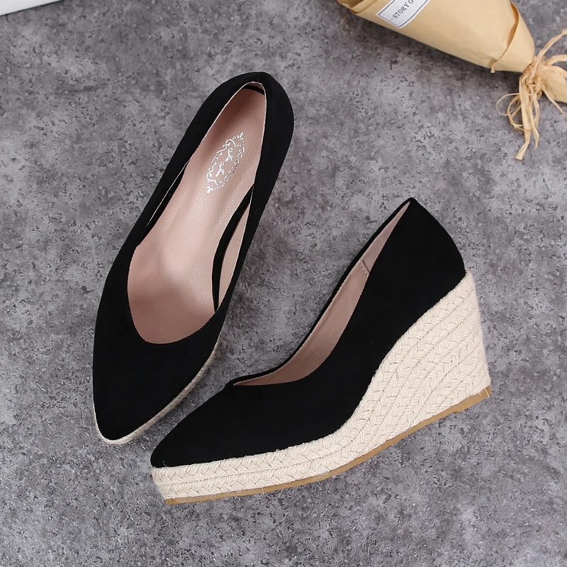Hot sales pointy toe shoes ladies wedges jute ropes slip on shoes women casual shoes