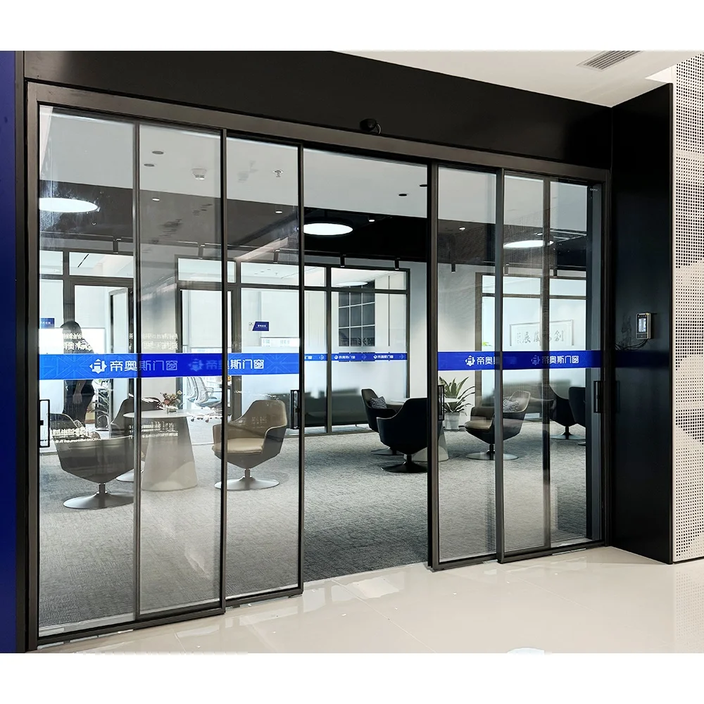 Пользовательские экстерьерные панорамные современные черные стройные Автоматические Алюминиевые раздвижные стеклянные двери