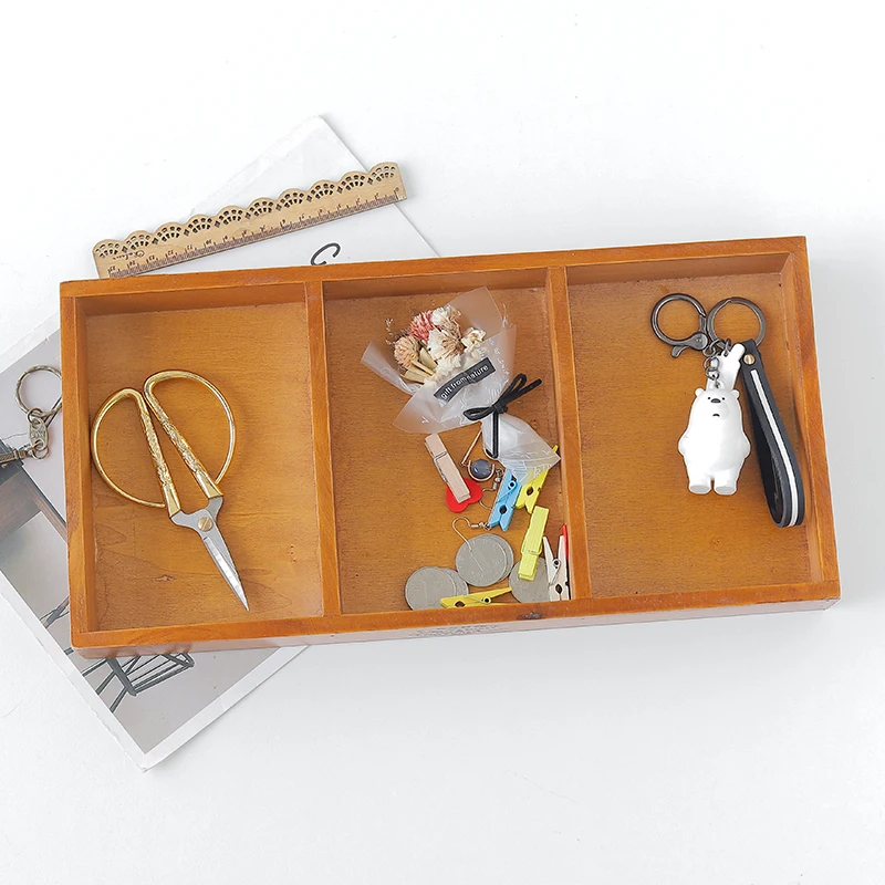 Ready to ship wholesale retro style 3 grid wooden pallet home office desktop sundries organizer storage box trays for serving