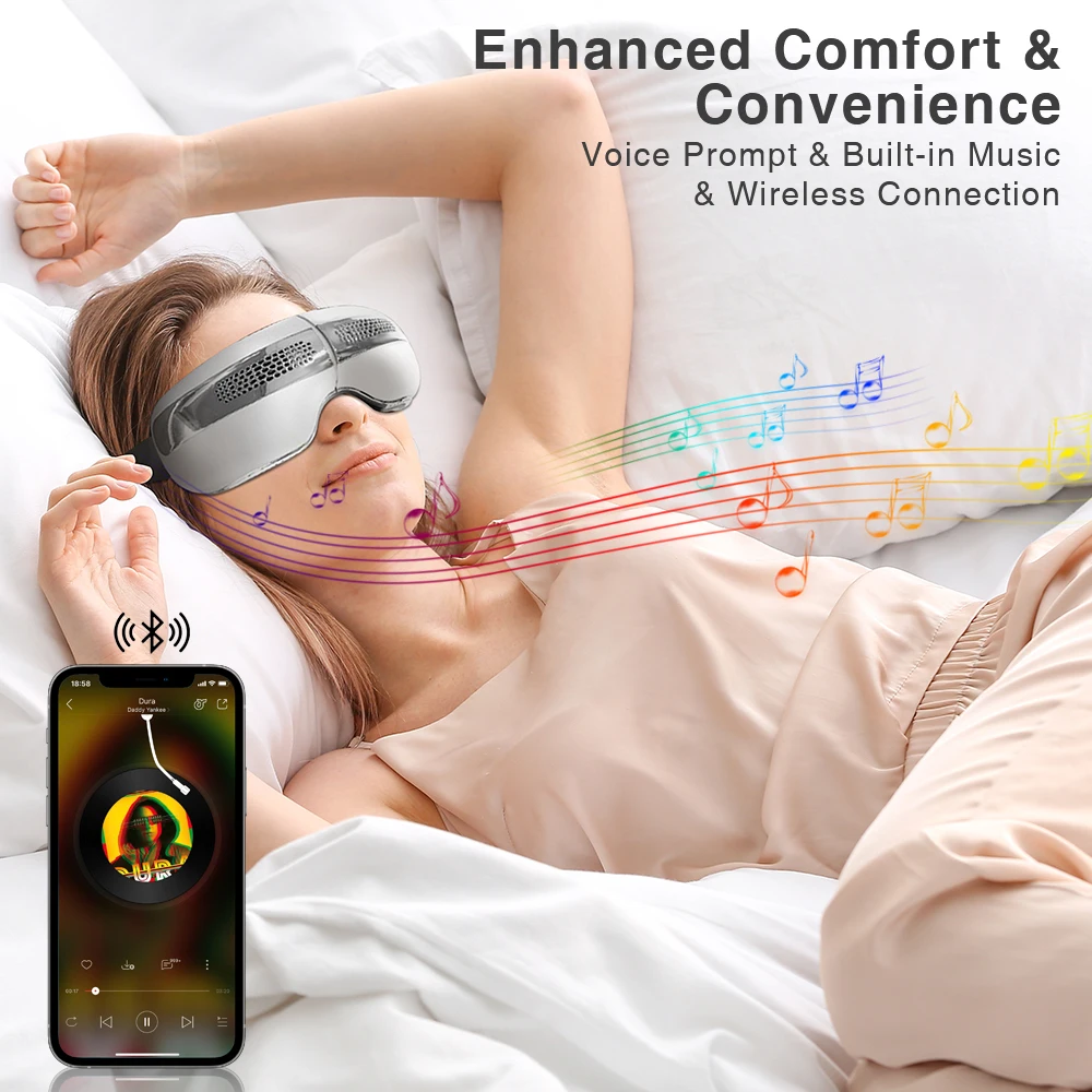 Wireless Bluetooth Music Eye Massager Foldable Design with USB Charging Hot Cold Therapy Airbag Kneading & Compress Features