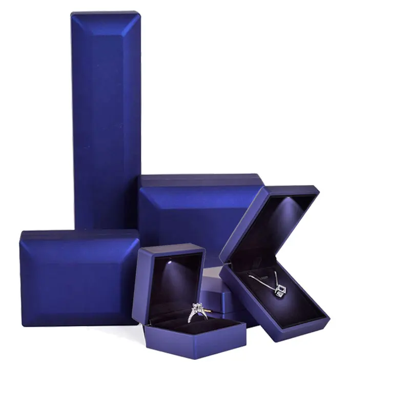 Wholesale Plastic Velvet LED Wedding Jewelry Box Shapejewlery Ring high end blue lacquer jewelry box