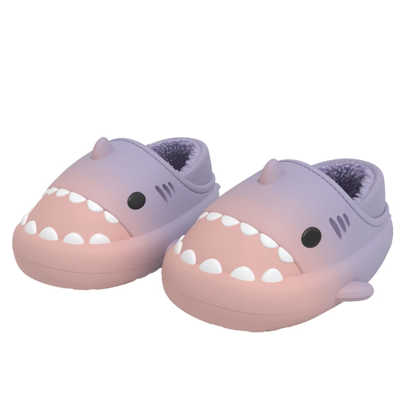 Gradient Color Waterproof EVA Cozy Fluffy Plush Shark Winter Slide Slippers Cute Indoor Outdoor For Kids House Autumn Winter