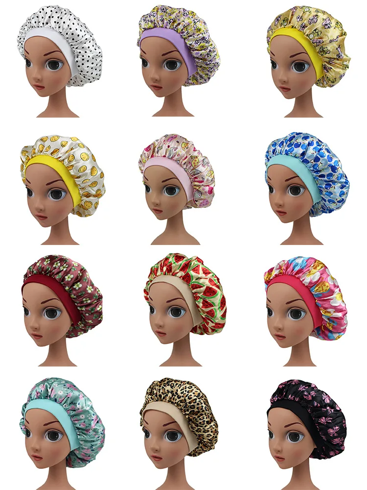 Quality Satin Printed  Hair Sleeping Bonnets Braid Kids Bonnets Kids child Satin Bonnets