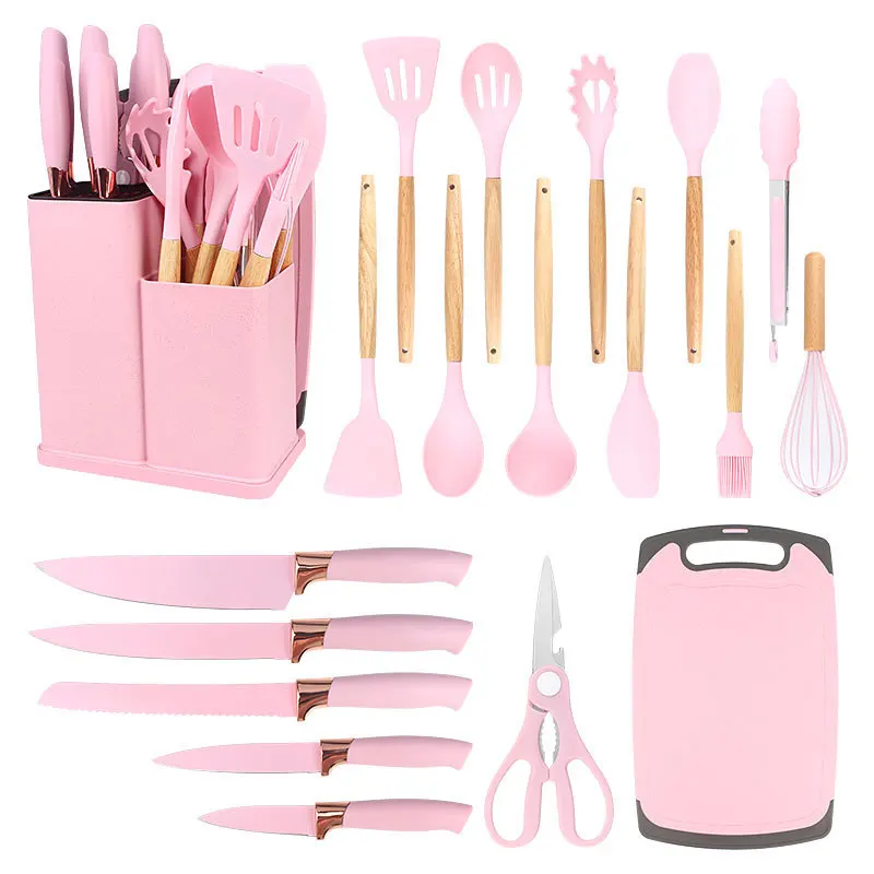 Hot Sale 19-Piece Silicone Kitchenware Set Includes Knife Set and Chopping Board Holder for Cooking Tool Sets