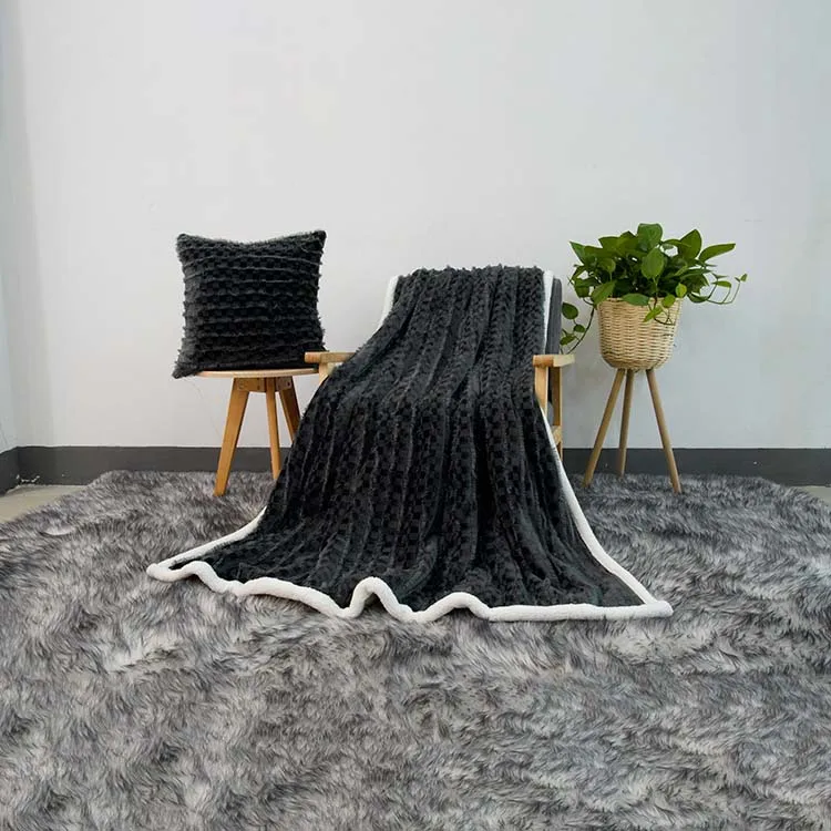 Fluffy Multi Color Plaid Pattern Double SIded Custom 100% Polyester Check Faux Rabbit Fur Blanket