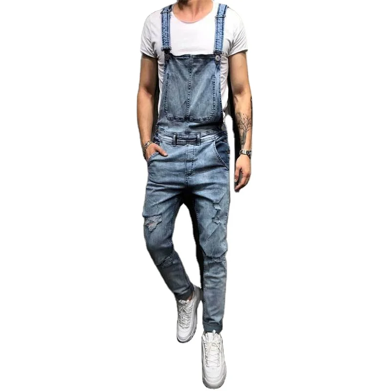 Men Stretch skinny Ripped biker Jeans Bib Overalls Jumpsuits jeans Man Streetwear casual elastic ripped dungarees male Pants