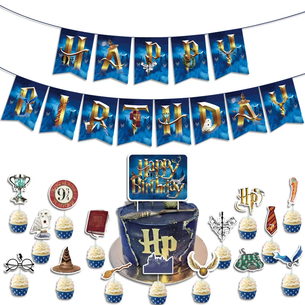 New Harry Potter Party Decoration Happy Birthday Paper Banner Wizard Witcher Hat Glasses Latex Balloon Cake Topper Set