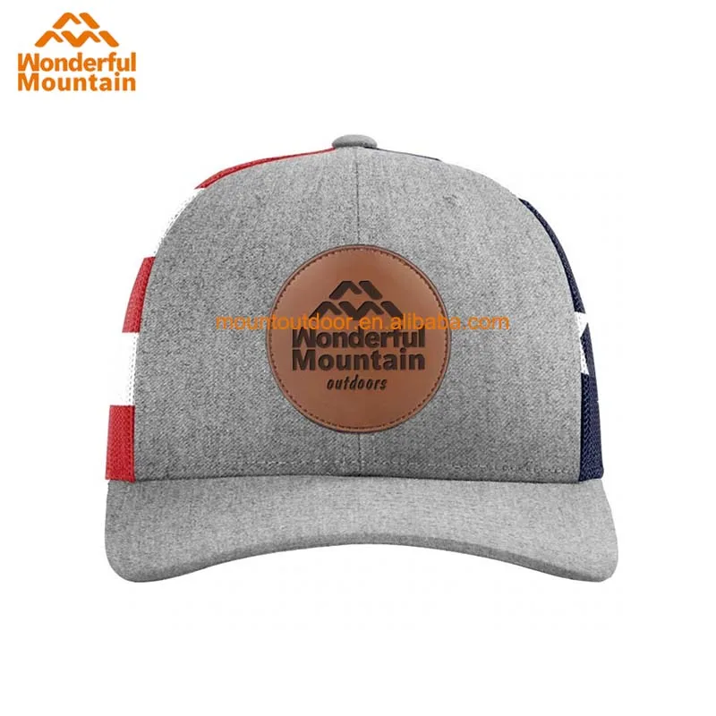 Custom leather patch logo back American flag 6 panel mesh trucker hat