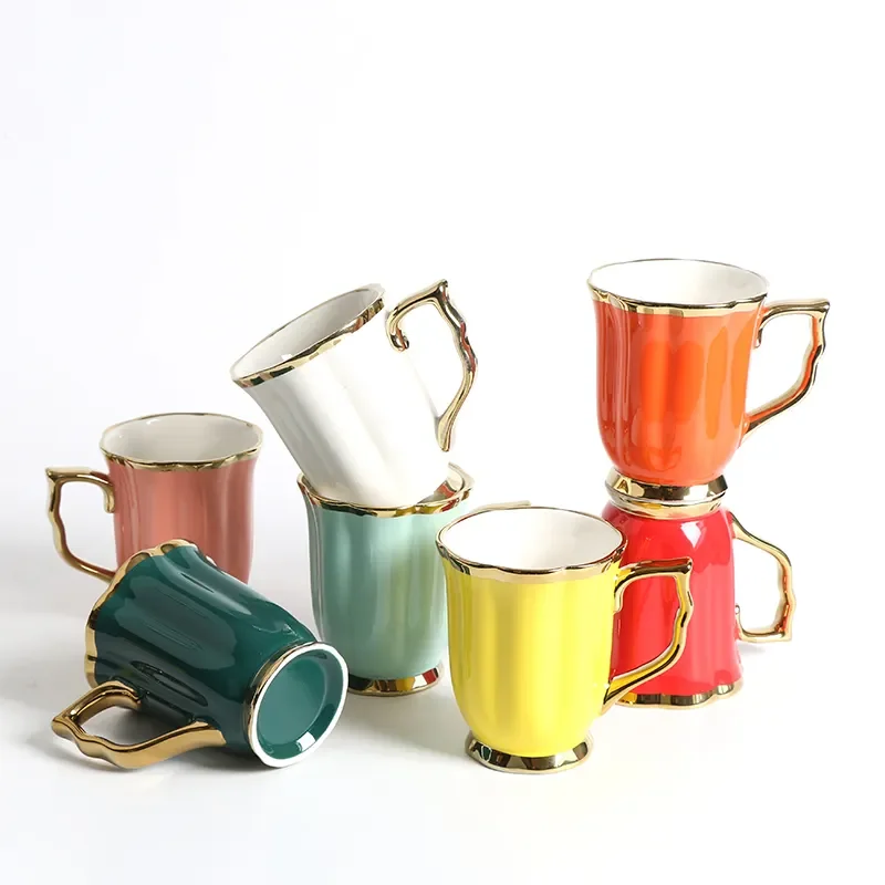 Wholesale Nordic Ceramic Coffee Gold Handle Rim Luxury Colorful Mugs Porcelain Tea Milk Color Glaze Cups