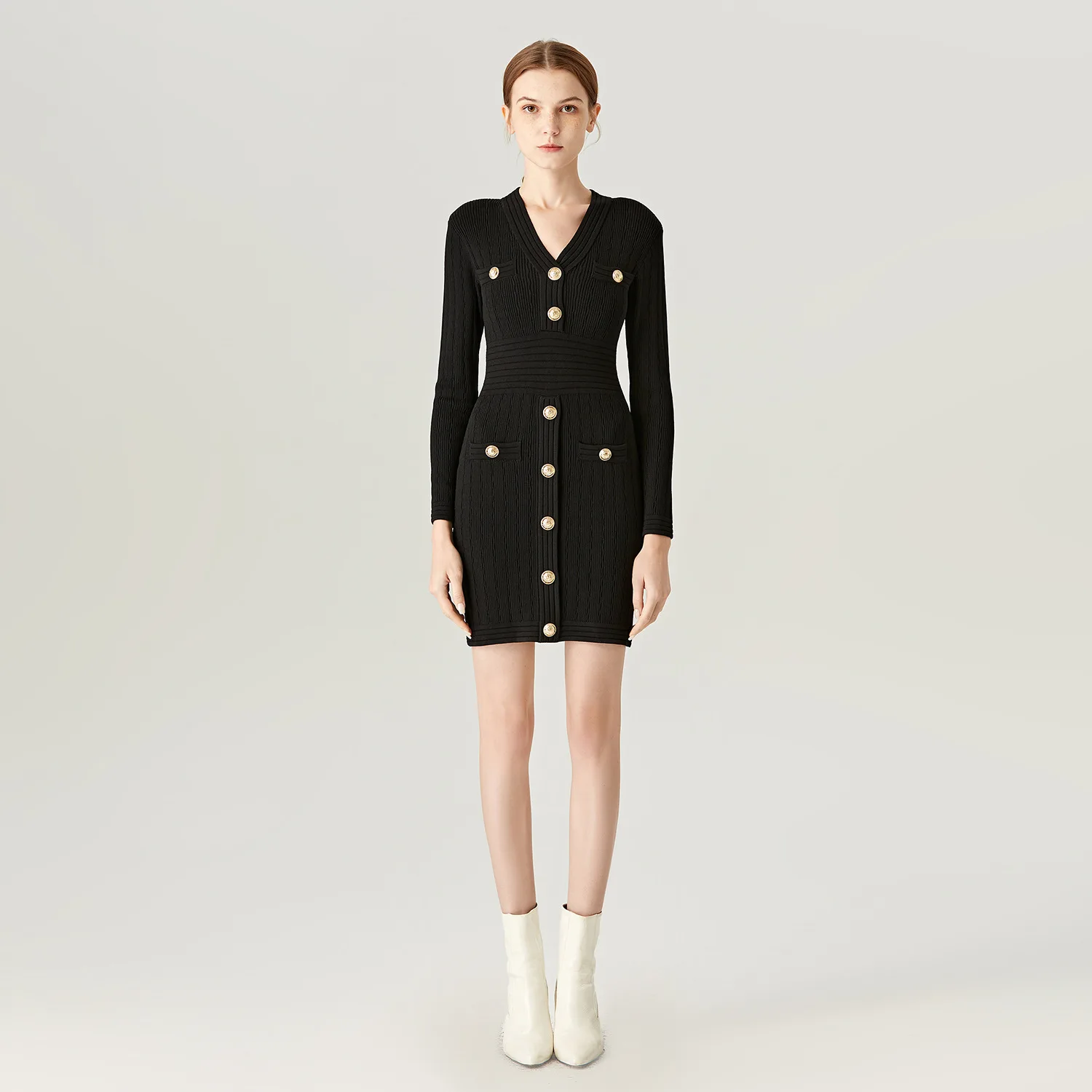 Soiling Hot Selling Fall Winter Long Sleeve v Neck Balmainn One Step Skirts Office Short Knit Elegant Thicken Graceful Dress