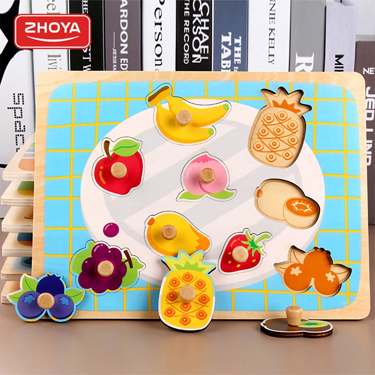 Toddler Educational Toys Hand Grasp Board Wholesale Custom Jigsaw Puzzles Cognition Wooden 3d Jigsaw Puzzle