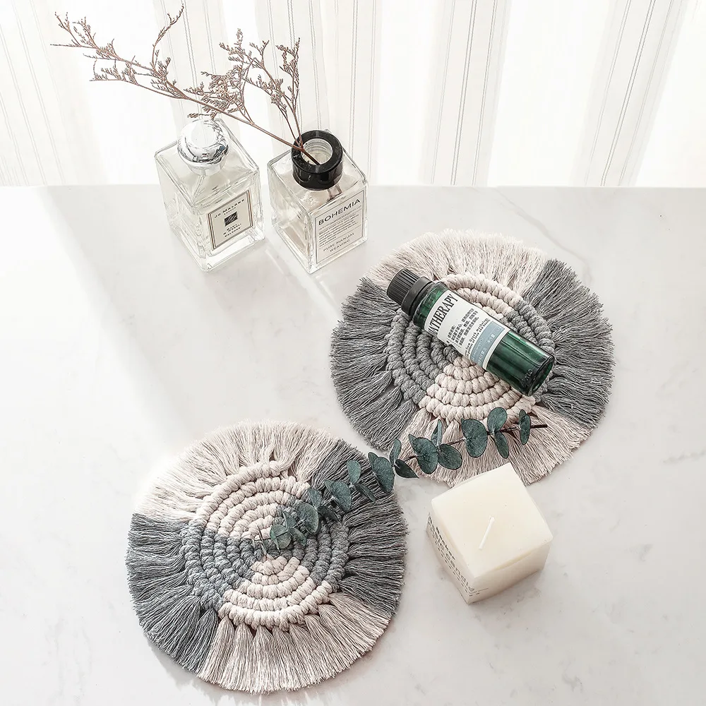 Boho nordic Indian Christmas luxury table decor wedding cotton woven tea coffee drink candle tassels macrame cup mat coaster