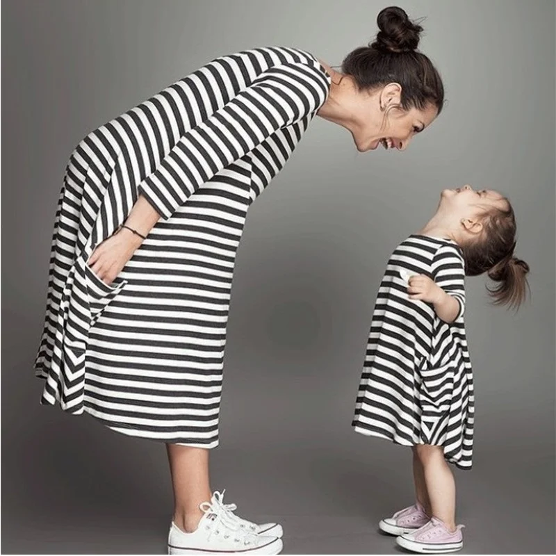 
stripe Parent-child Clothes floral Long women girl Dress 