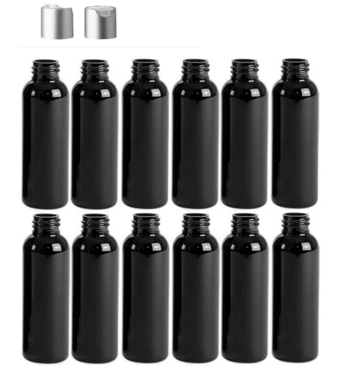 2 Ounce Cosmo Round Bottles, PET Plastic Empty Refillable BPA-Free, with Matte Silver Press Down Disc Caps