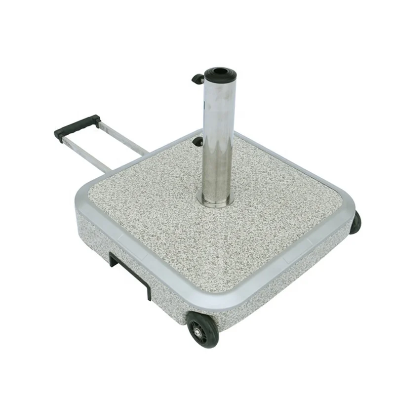 Wholesale beach patio umbrella base stainless steel pole granite square umbrella base with 2 wheels for outdoor