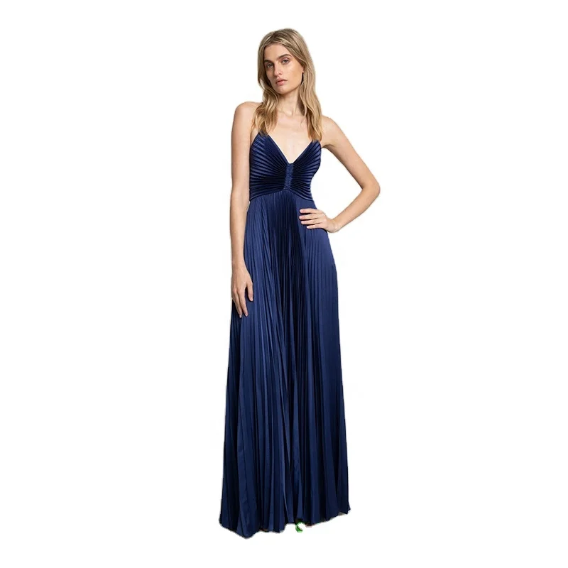 2022 spring and autumn Korean style elegant maxi length pleated Slip Dress formal dresses with pleated skirt