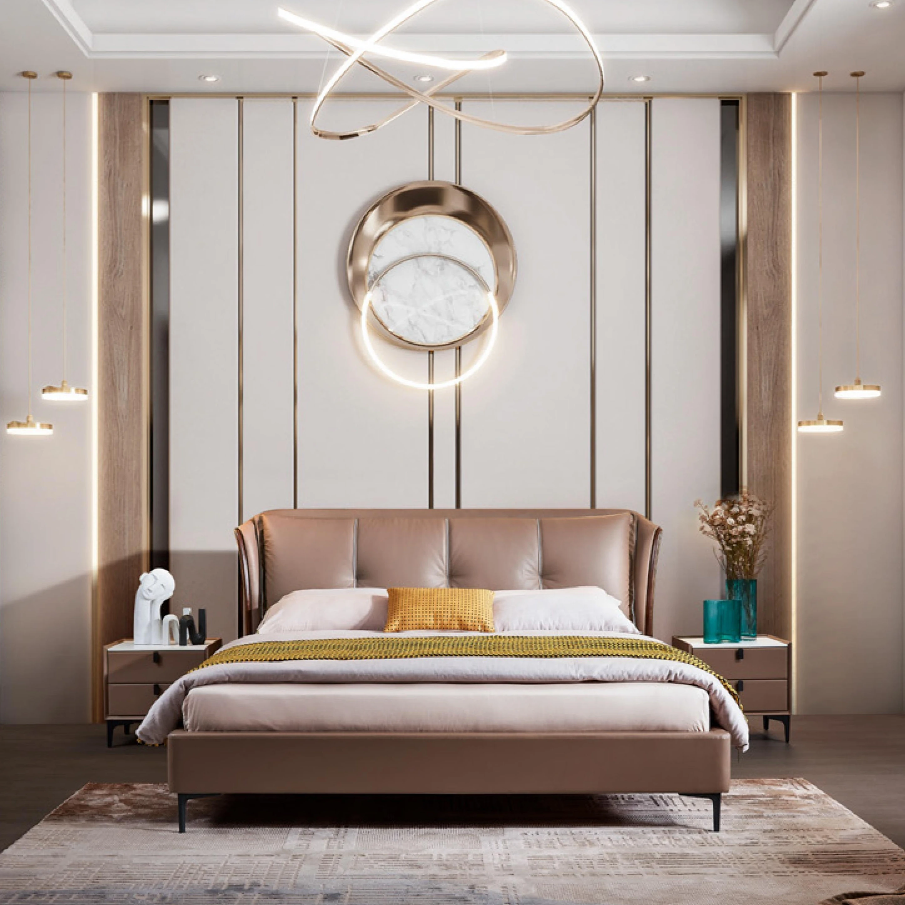Queen Size Brown Leather Bed with Soft Frame Luxury Premium Master Bedroom Set Simple & Elegant Design
