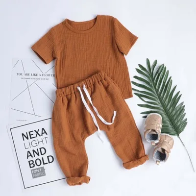 Pure colors Kids Solid soft linen cotton girls boys summer wear baby clothes sets children t-shirts with pants