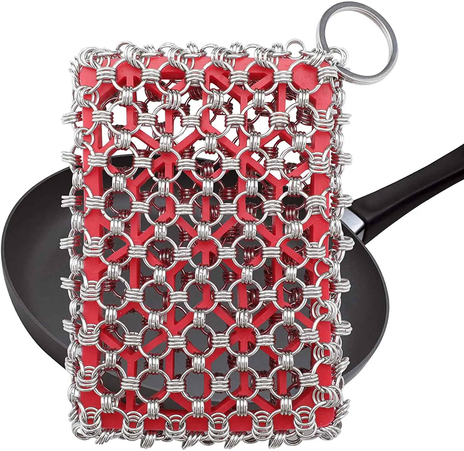 Stainless Steel Kitchen Tool Cleaning Cast Iron with Chain Mail Scrubber With Hollow Silicone Rubber Pad