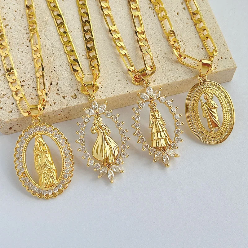 Factory Women Jewelry 18K Gold Plated Virgin Necklaces Micro  Zircon  Mary Pendant Necklaces