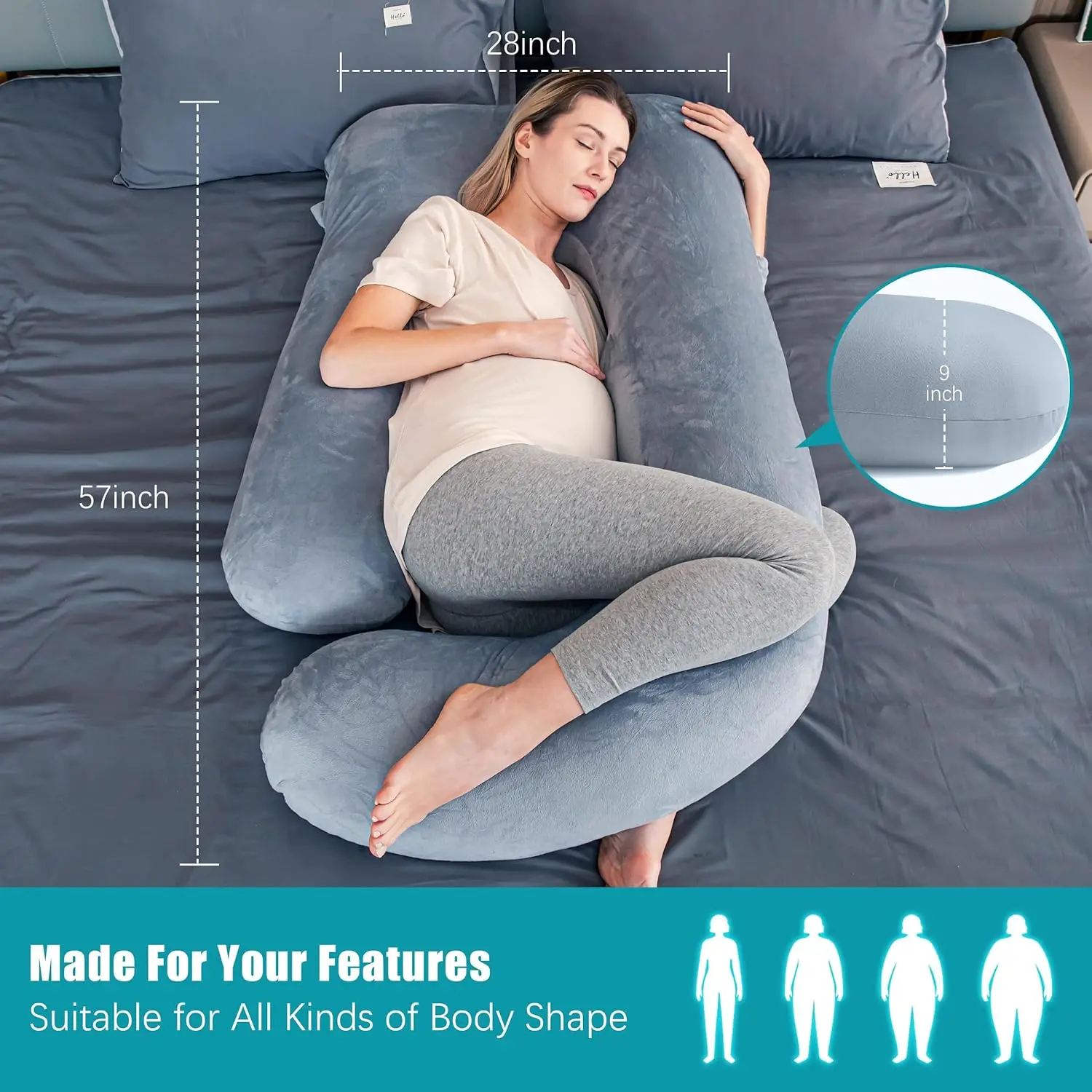 57 Inch Grey Pregnancy Pillows Soft U-Shape Maternity Pillow with Removable Cover Full Body Pillows for Adults Sleeping
