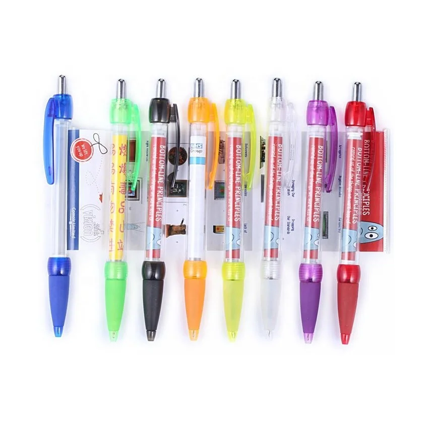 China factory custom make ball pen with pull out paper cheap plastic promotional ballpoint pen with print paper