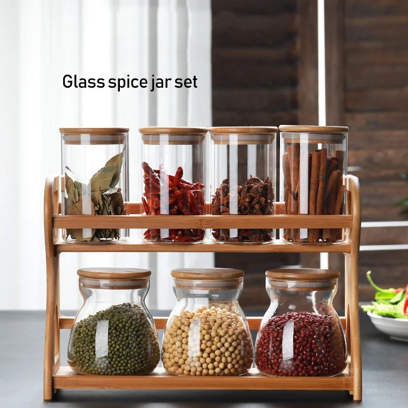 Glass spice jars new design spice bottle jar  unique clear spice jars with bamboo lid 500 ml