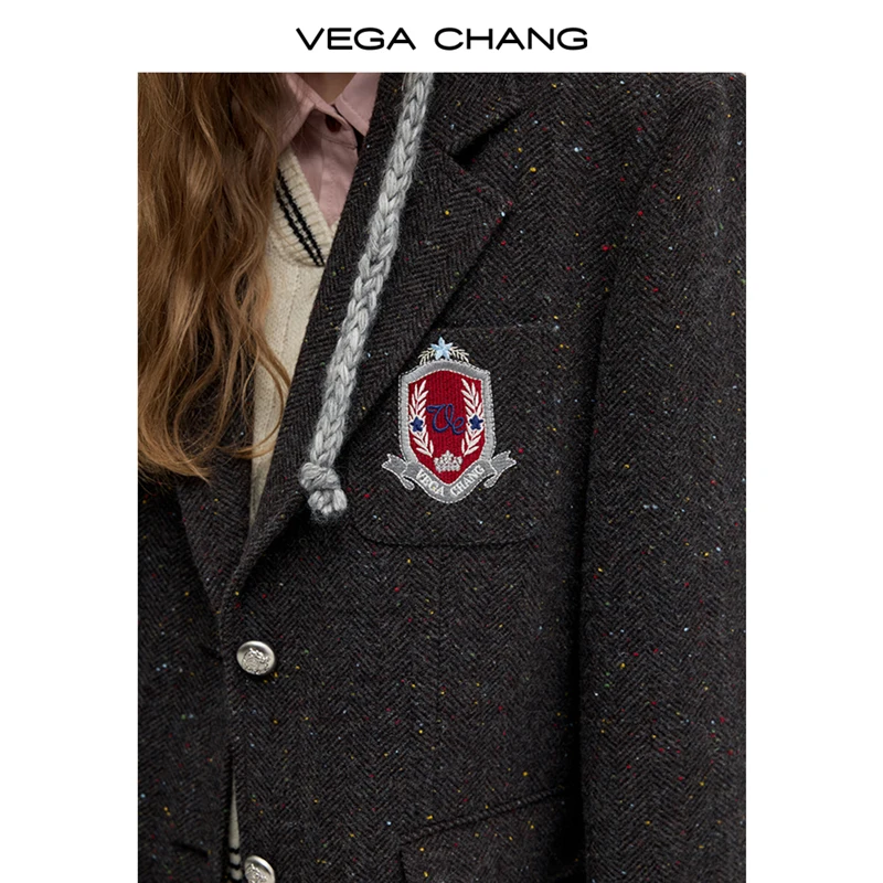 VEGA CHANG 2024 Suit Collar Wool Blend Vintage Preppy Suit Jacket Woolen Coat