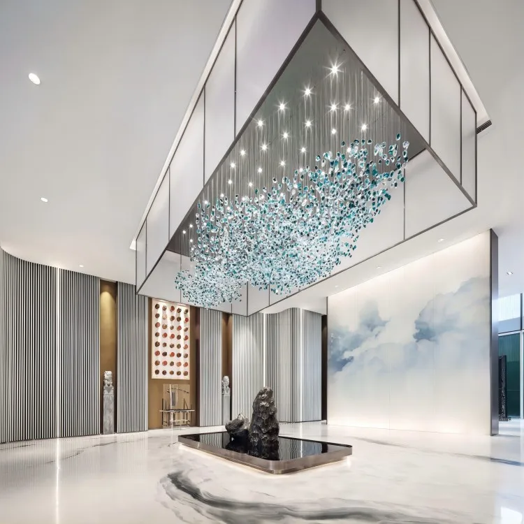 modern Design Luxury Indoor Crystal Stone Metal Body Project Light Villa Lobby Green glass Led Chandelier for wedding decor