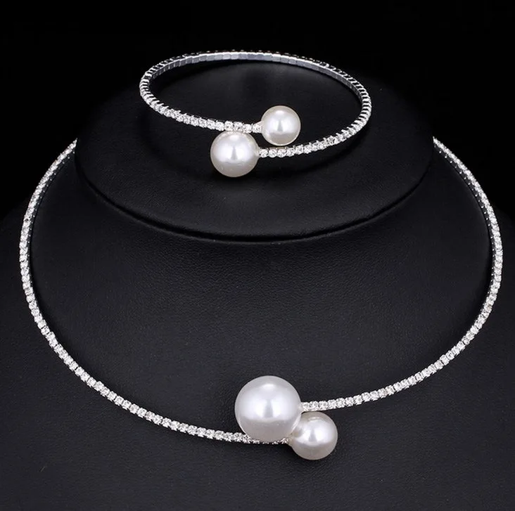 Pearl diamond crystal row diamond adjustable collar necklace bracelet two-piece set bride wedding dress accessories
