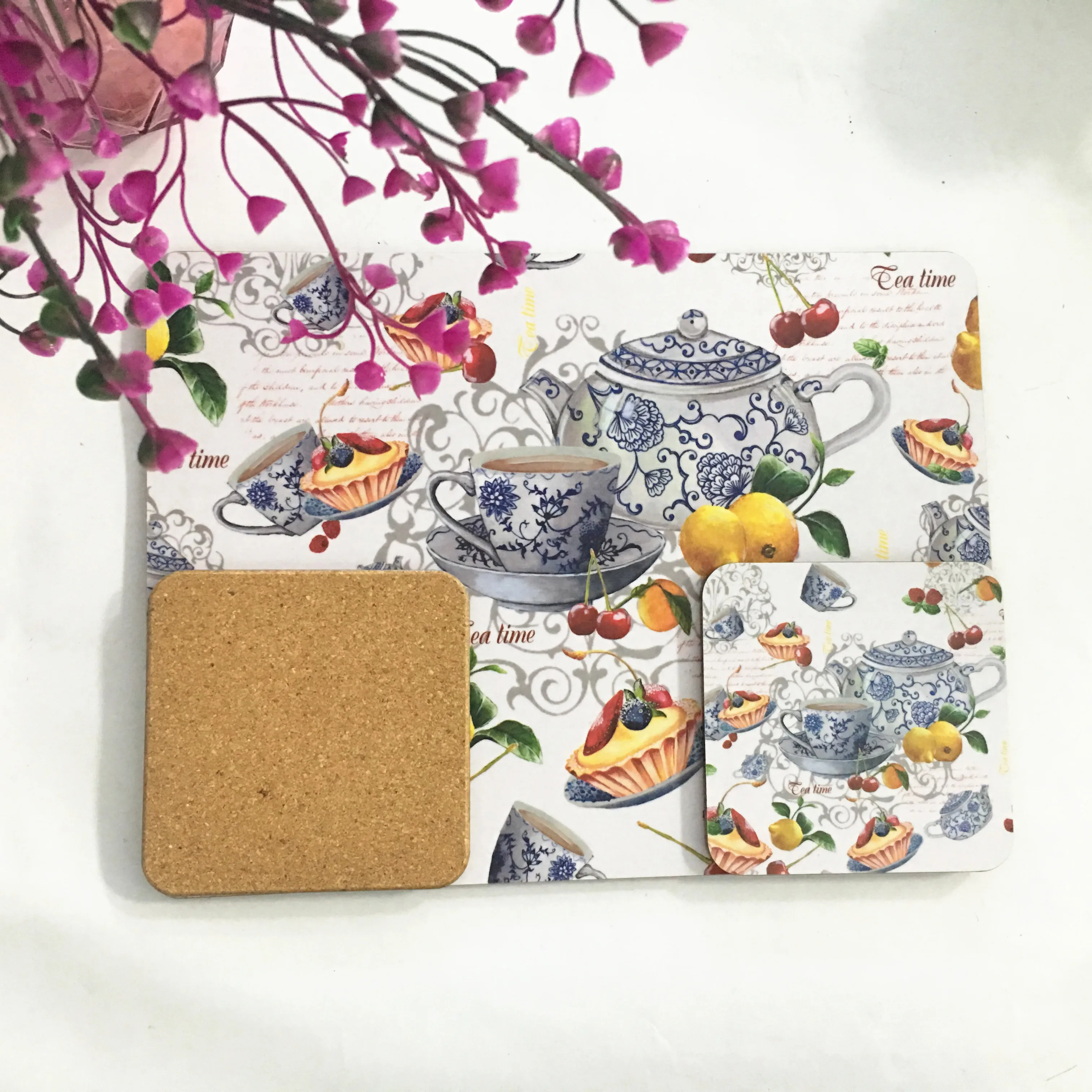 Hot Sale Anti- Skip MDF Sublimation A3 Fruit Set White Cork Backing Placemat For Bars dining plate dish mat for restaurant