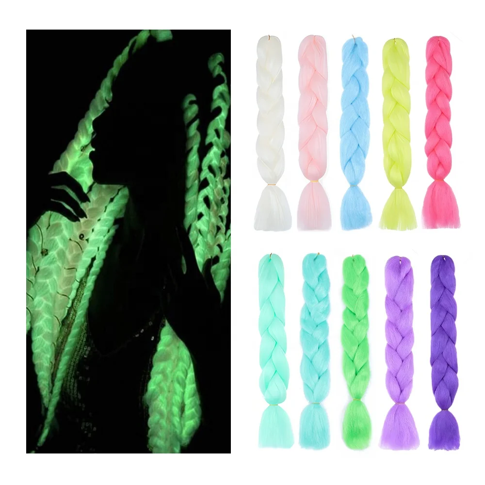 Wholesale Shining Fluorescent Synthetic Jumbo Glowing Hair Braid Extensions Neon Color Glow in the Dark Braiding Hair