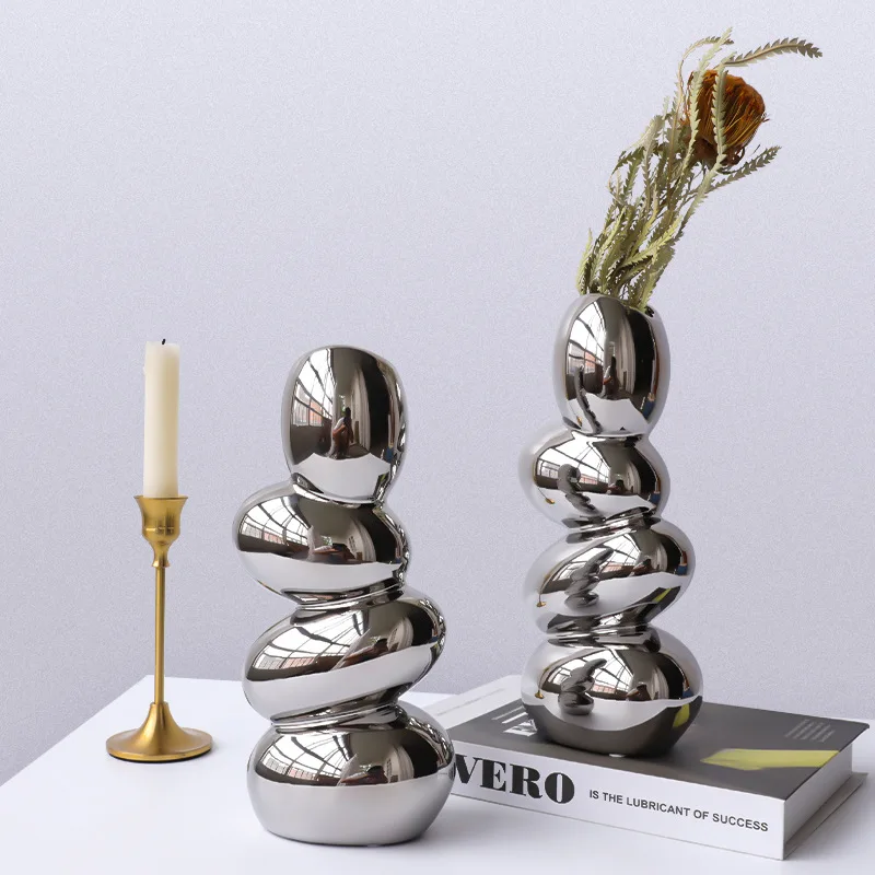 nordic abstract silver plating ceramic vase glazed dinosaur egg stacking dried flower arrangement for home table wedding decor