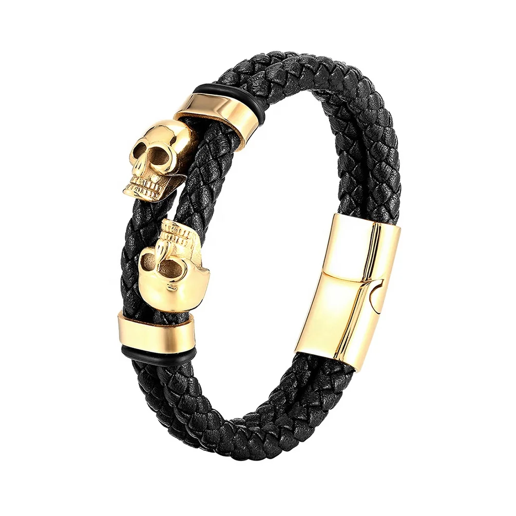 Best Selling Gold And Black Plated Stainless Steel Skull Design Pu Leather Bracelet Wholesale