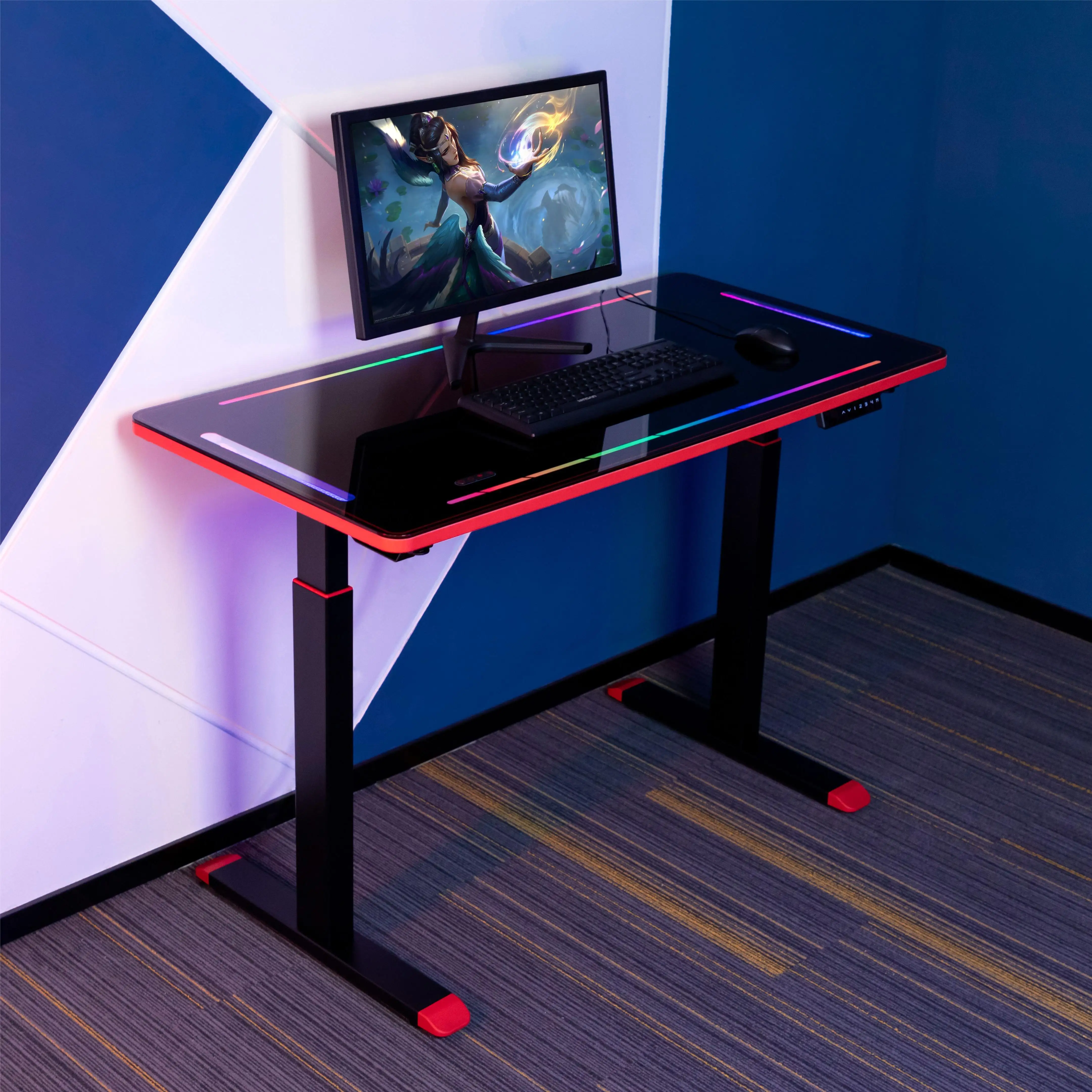 AOKE Bluetooh speakers RGB light strips gaming desk adjustable height office glass tabletop computer desk gaming desk rgb