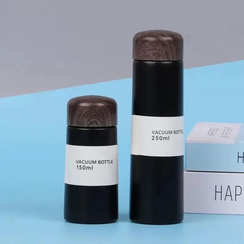 Mini Wooden Lid Car Thermal Coffee Cup Insulated Mugs 304 Vacuum Stainless Steel Drink Bottle with Straw Flasks Cola Bottle