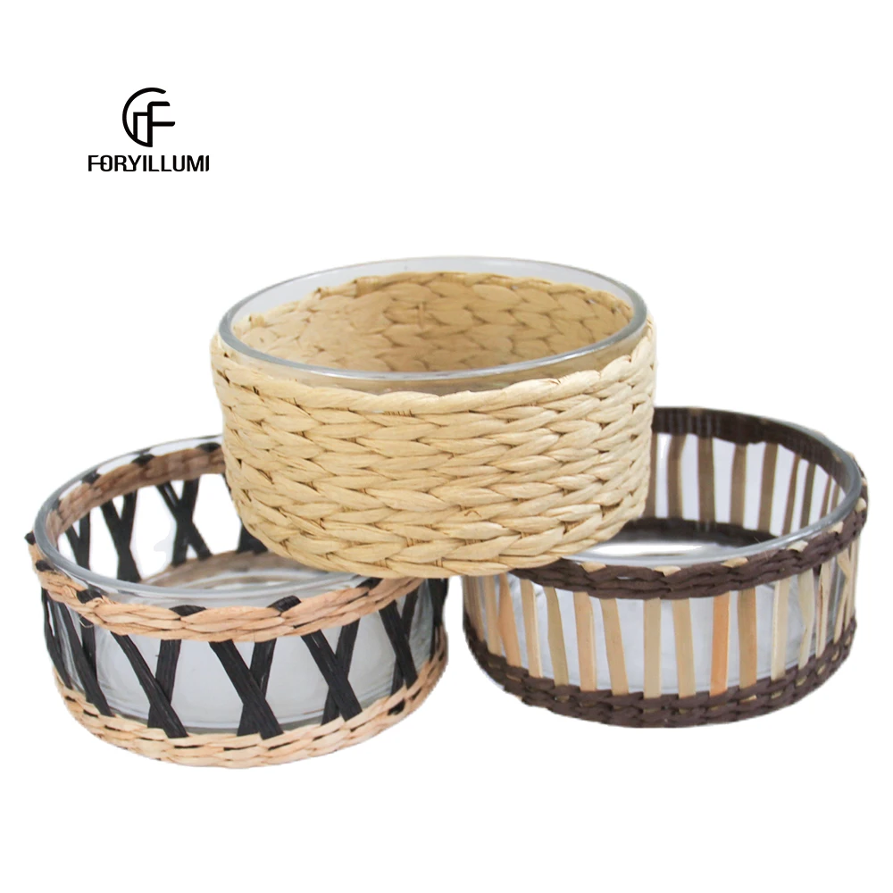Wholesale glass candle jar with rattan decoration rattan candle jar straw candle jar