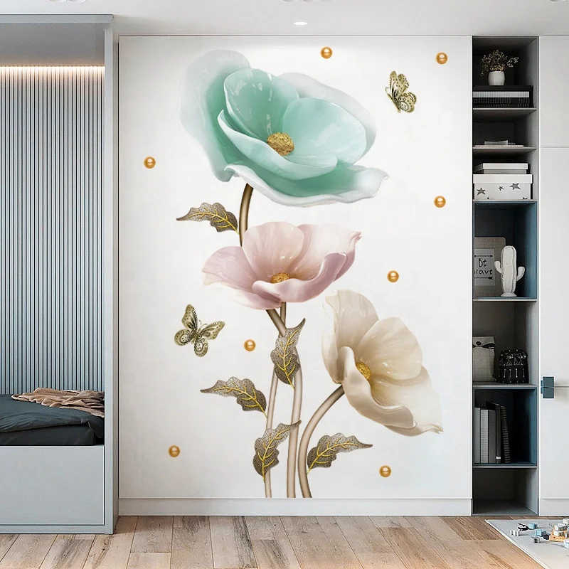 3D Large Vase Wall Sticker Lotus Flower Decal Self-Adhesive Strong Stickiness Waterproof PVC Sticker Wall Art Home Decoration
