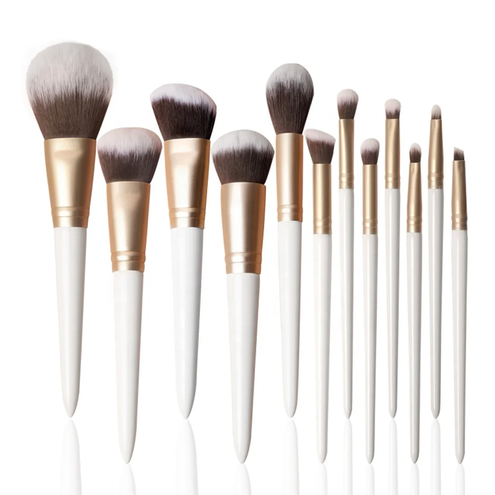 ZH Eco Friendly Wooden Handle Rose Gold Ferrule Foundation Powder 12pcs Custom Logo Vegan White Make Up Brushes For Eyes