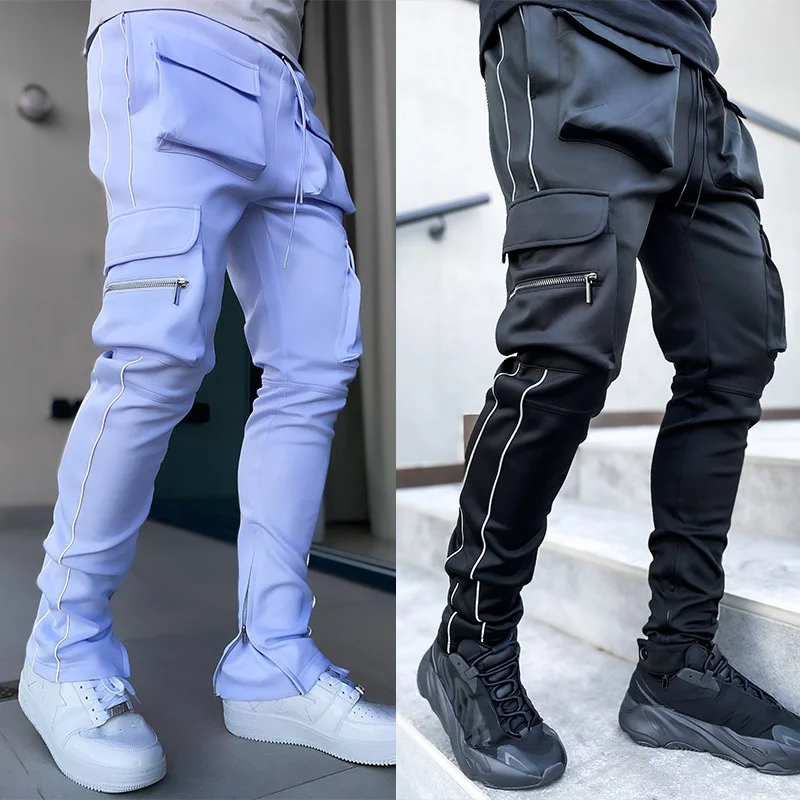 Fashion Streetwear Hip Hop Men Running Training Jogging Pants Reflective Sweat Pants With Side Pockets