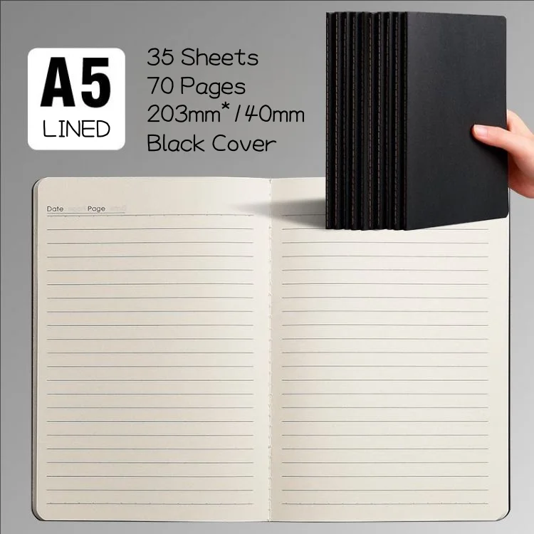 Fashionable and simple black A5 leather paper blank notebook lined record sheet grid creation book for school and personal use