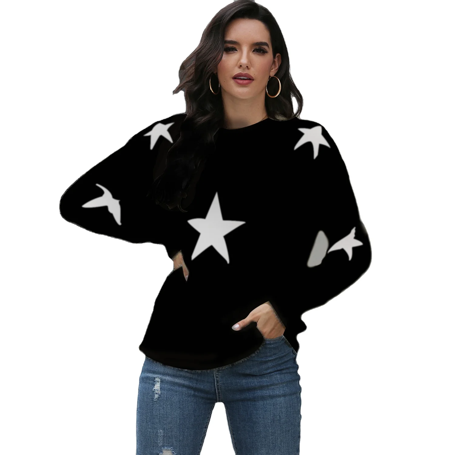 
wholesale custom long sleeves crew neck knitted star pullover sweater dresses for women 