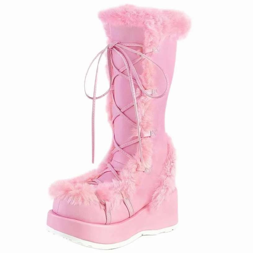 Baby Pink Furry Faux Leather Night Dance Knee High Mid Calf Boots For Woman Dancer Club