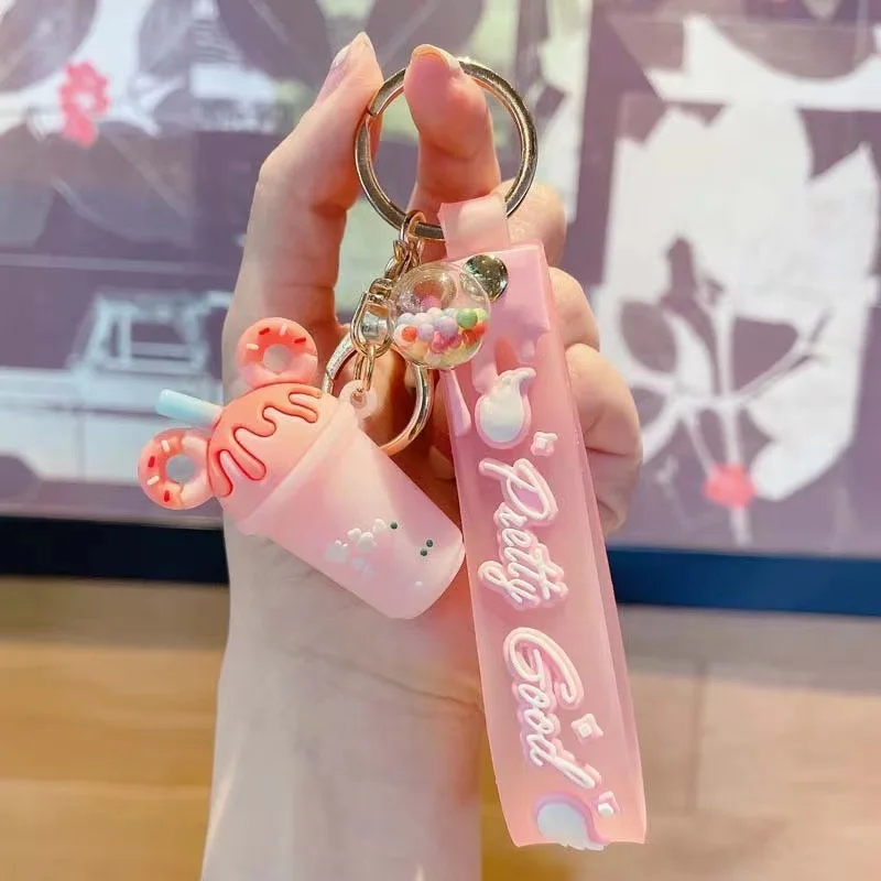 Cute drink keychain Candy Color donuts Ice Cream keychain pvc 3d soft cup Pendant Design boba milk tea keychain lovers gift