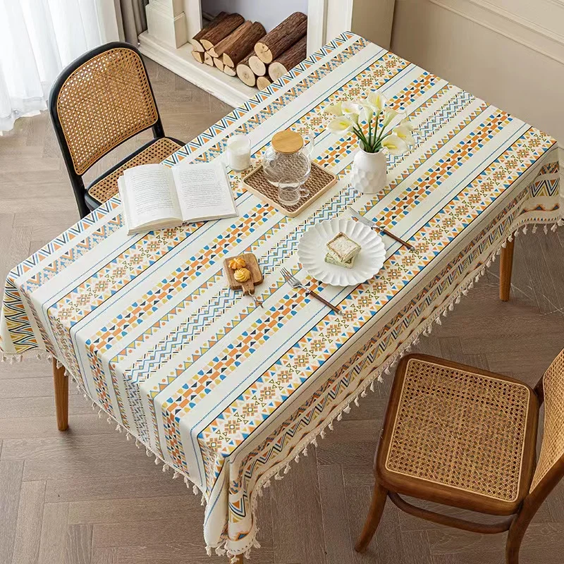 Bohemian tablecloth cotton linen washless cloth art ethnic style rectangular fringe dinner guest house tablecloth