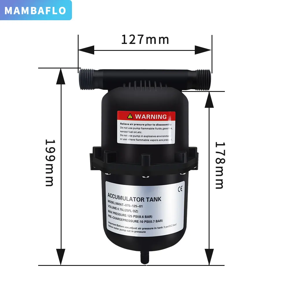 MAMBAFLO  0.75L MAX 125PSI  Pressurized Accumulator Tank connected to diaphragm water pump for stable pressure AND  RV marine