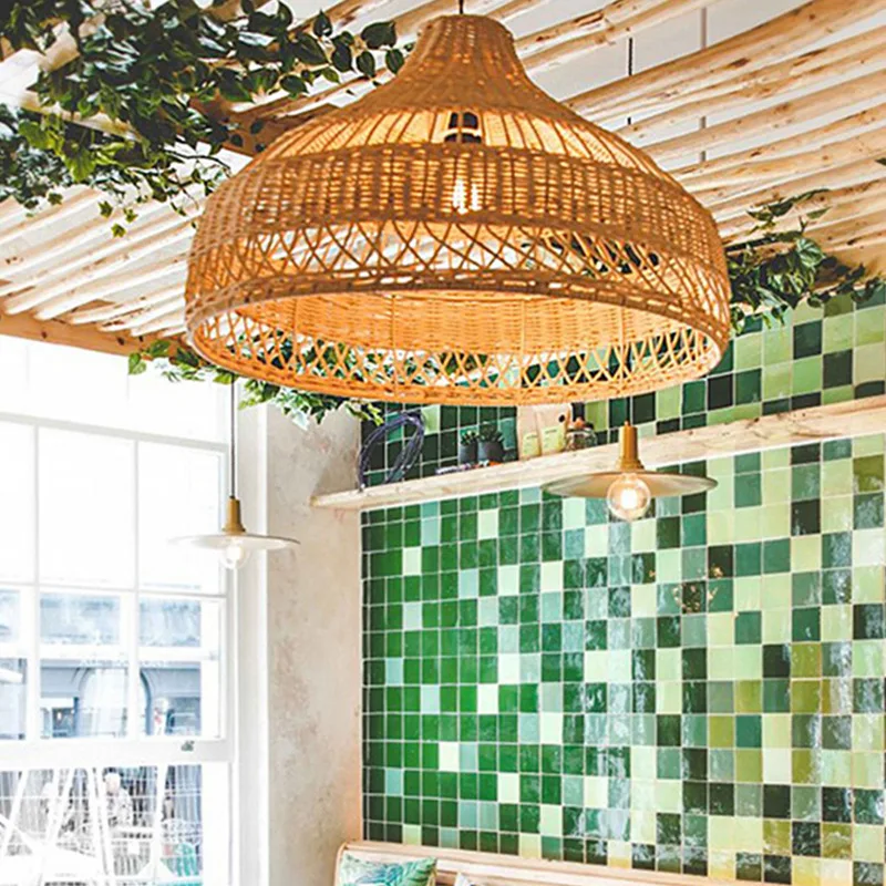 Indoor Retro Decorative Modern Decorative Round Led Hanging Wicker Light Wooden Woven Rattan Pendant Lamp For Restaurant