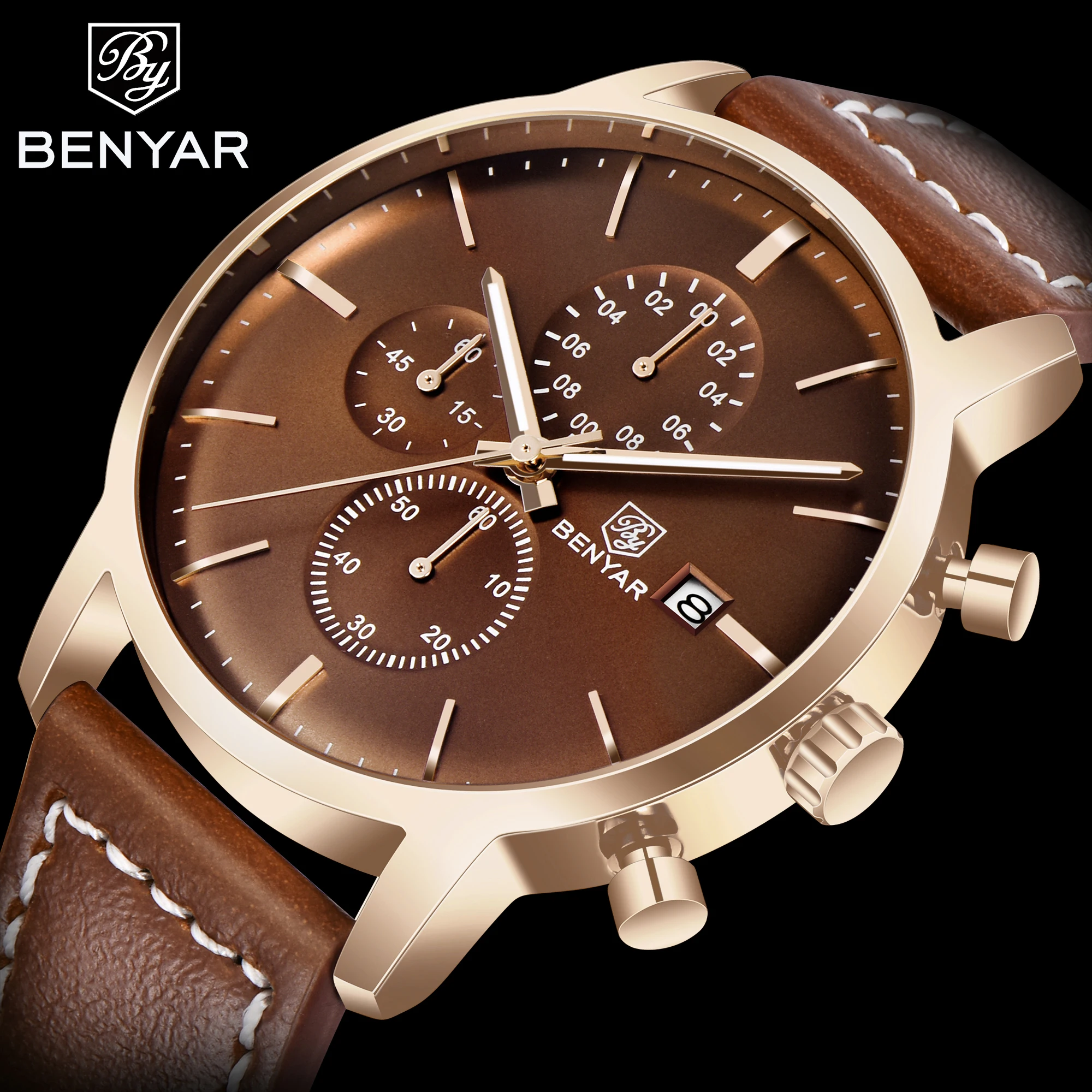 
Benyar 5146 leather strap watches analog watches for men stainless steel back genuine leather quartz watch 